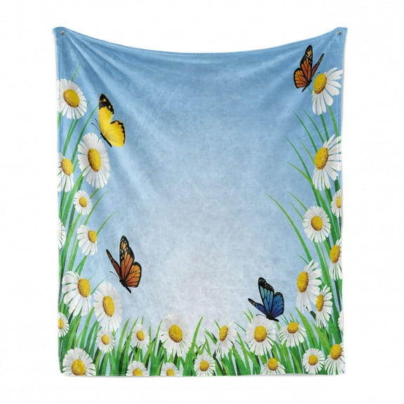 Butterfly Soft Flannel Fleece Throw Blanket, Daisies with Butterflies on Scenic Sky Chamomiles Animal Nature Happiness Art, Cozy Plush for Indoor and Outdoor Use, 50" x 70", Multicolor, by Ambesonne