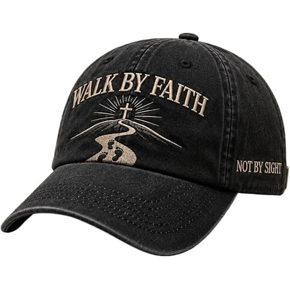 Walk BY Faith Vintage Christian Embroidered Cap, Adjustable Washed Cotton Dad Hat Baseball Caps for Men Women, Faith Inspired