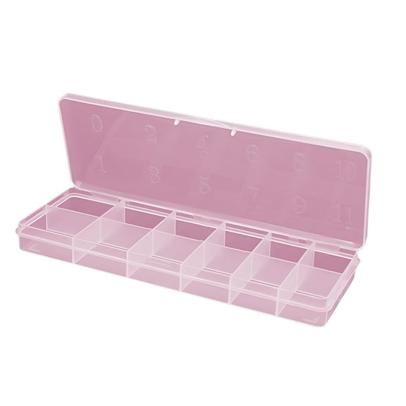 ACDANC 12 Slots Organizer Box with 12 Space Grids False Nail Storage Box Container for False Art Crafts Fingernail Glitters Pink