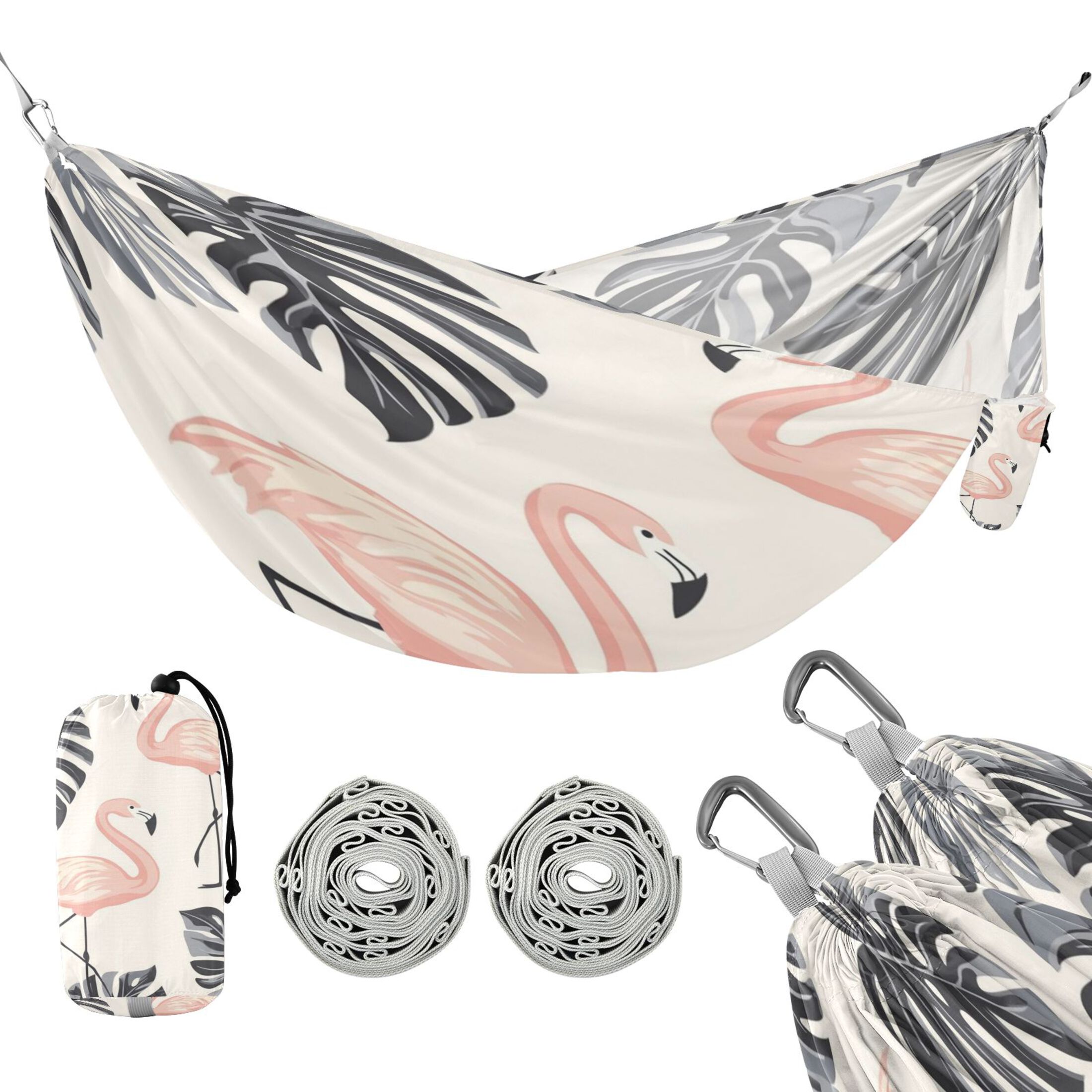 Wobogo Flamingo Monstera Leaves Pattern Camping Hammocks 330 lb Capacity with Tree Straps and Hanging Pockets for Outside Hiking Beach Backpack Travel