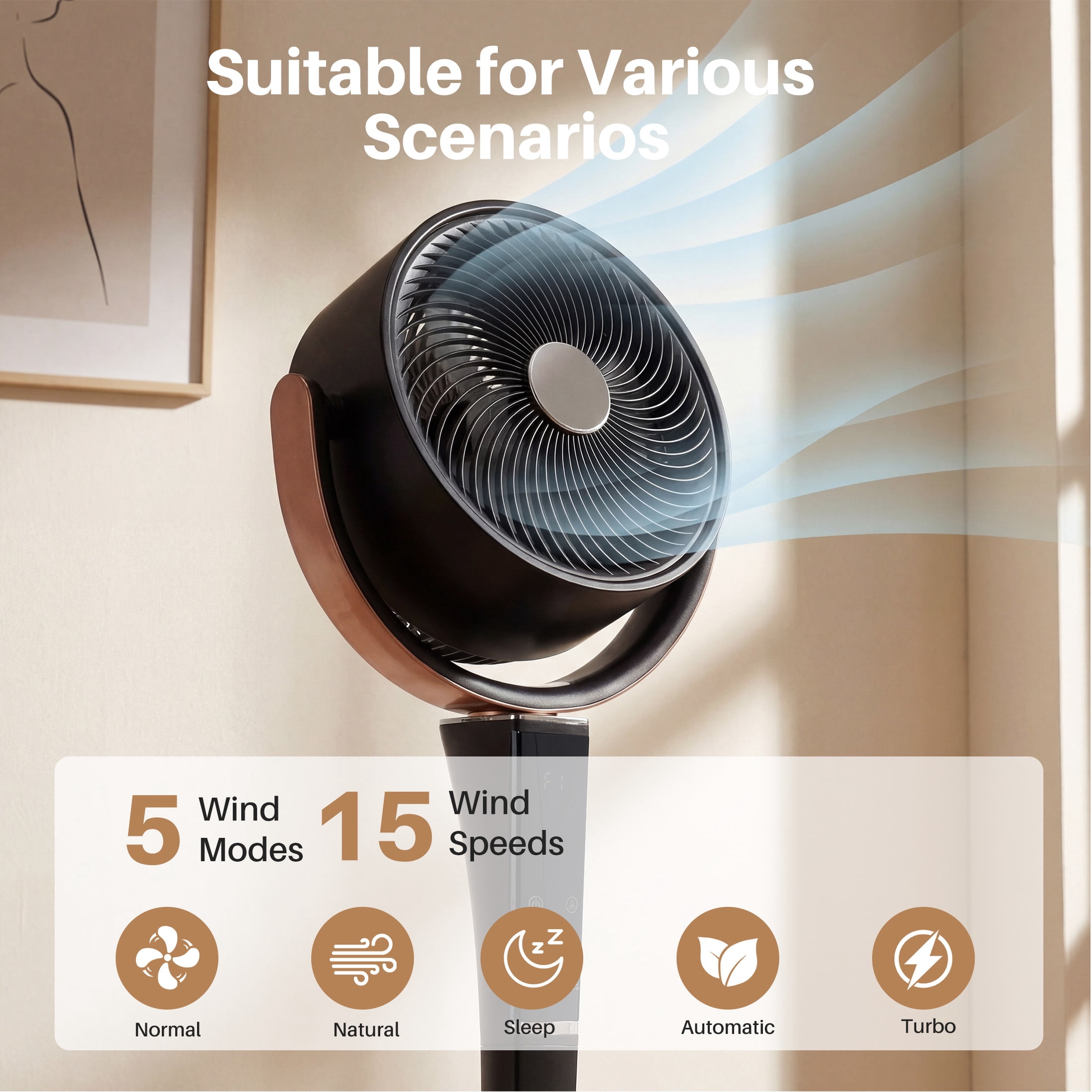 SHOUFTW Quiet Pedestal Fan for Bedroom, Oscillating Standing Fan with 15 Speeds & 5 Modes, 37-45" Adjustable Height, 12H Timer, Black