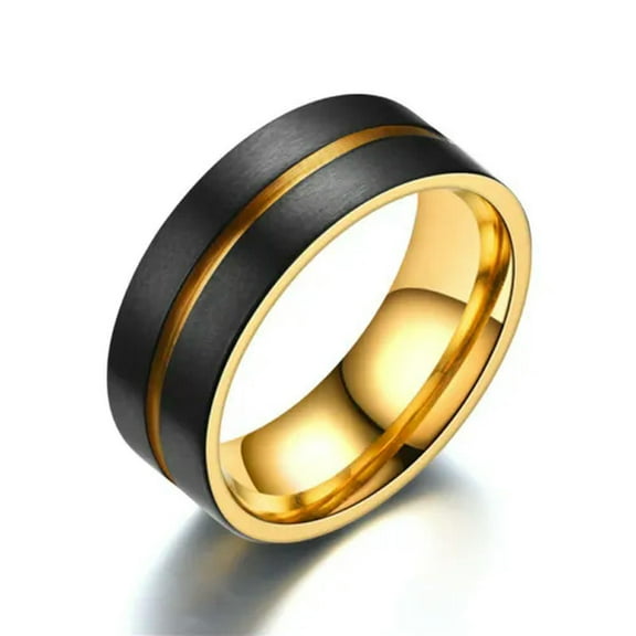 8mm Black Brushed Band Men's 18K Gold Plating Titanium Steel Male Ring Size 6-13