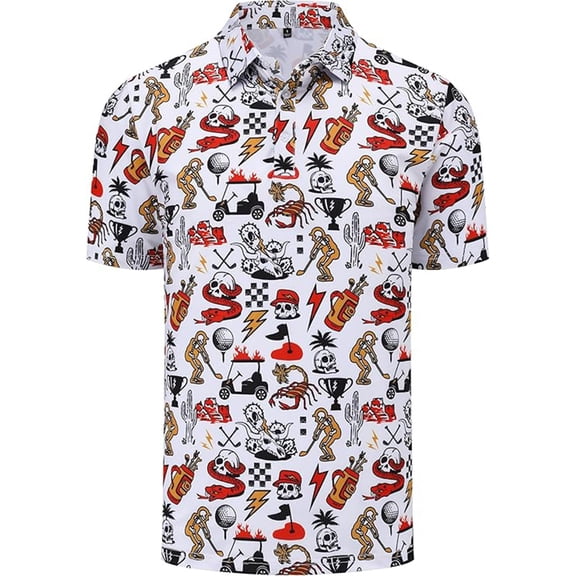 Bibifish Mens Polo Shirts Retro Skull Golf Theme Full Print Short Sleeve Shirts Regular Fit Leisure Golf Tops