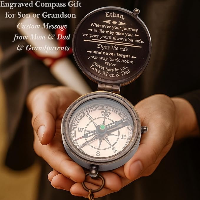 Custom Engraved Compass Gift for Men – Personalized Antique Brass Pocket Compass for Men, Son, Husband, Boyfriend, or Dad – Father’s Day, Birthday, Anniversary, Graduation, or Christmas Gift