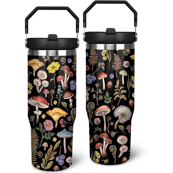 30oz Stainless Steel Mushroom Tumbler with Lid, Straw & Handle - Insulated Travel Coffee Mug - Unique Gift for All
