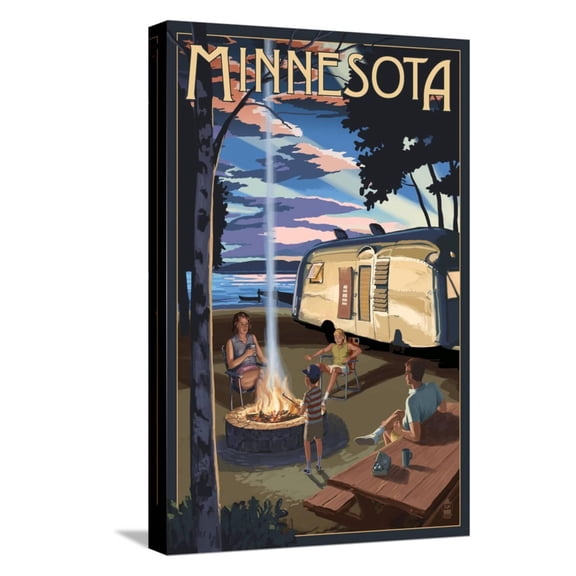 Art.com Minnesota - Retro Camper and Lake Stretched Canvas Print Wall Art by Lantern Press, 12" x 18"