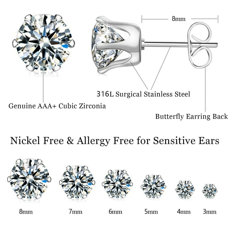 Stainless Steel Stud Earrings with Screw Back Hypoallergenic Black and  Silver Cubic Zirconia Earrings Studs for Women Men (6 Pairs) 