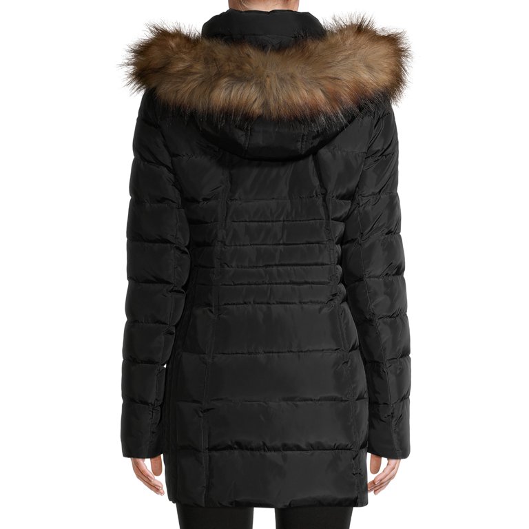 Cyn Luca Women s Contrast Zipper Puffer Coat with Faux Fur Trim Hood Walmart