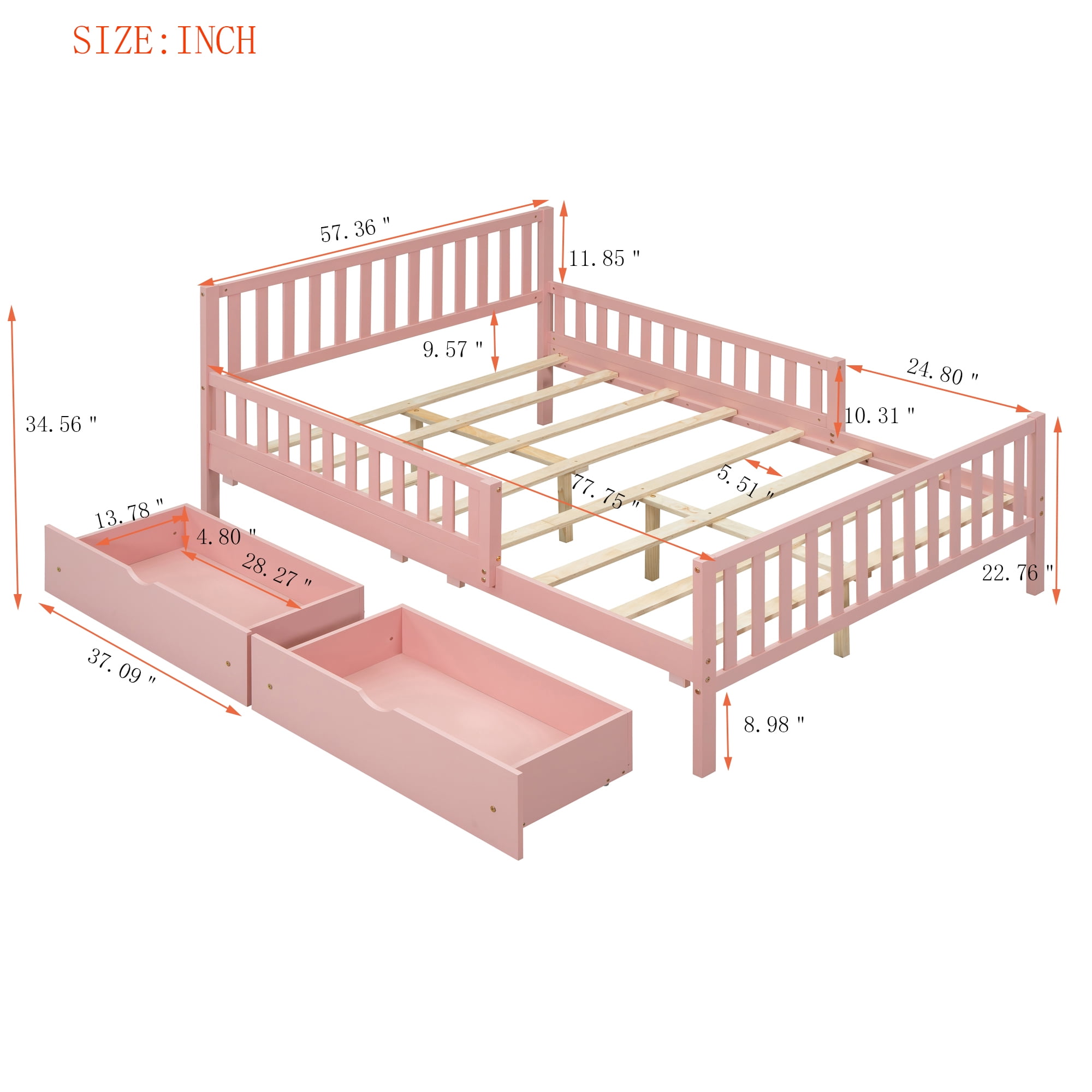 Aukfa Full Size Platform Bed with Storage Drawers and Safe Rails, Wood Bed Frame, Pink