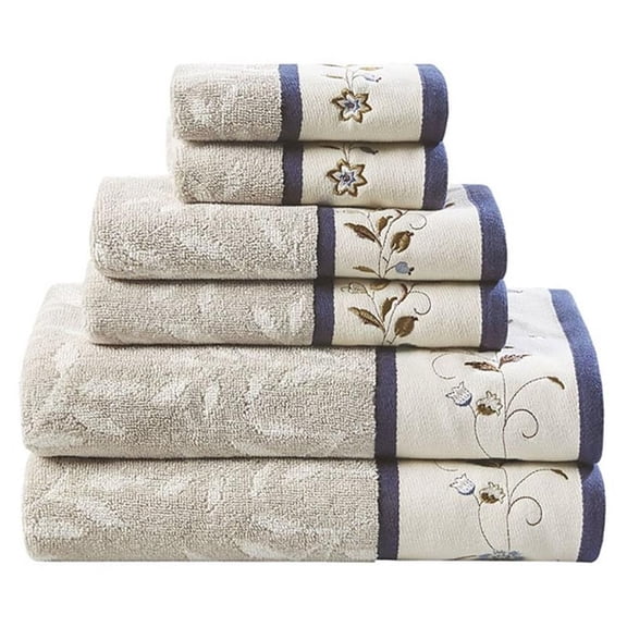 Pemberly Row 6-Piece Cotton Embroidered Jacquard Towel Set in Navy