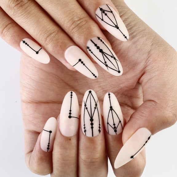 Yiran Matte Black Geometric Line Medium Almond Press On Nails 24 Pcs, 1 Set