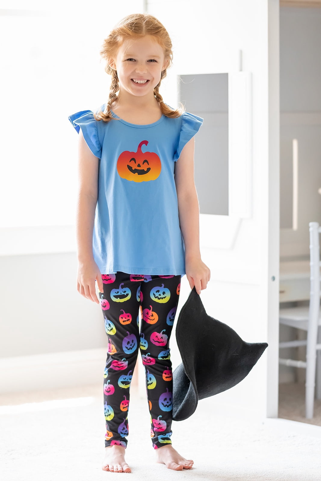 Millie Loves Lily Girls Blue Halloween Tee & Pumpkin Printed Leggings Size 10, 2-pc