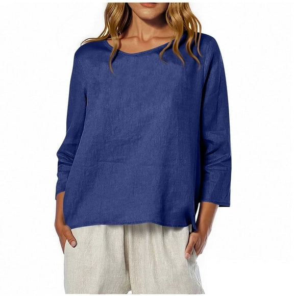 bbymog Fashion Women's Casual Printed Round Neck 3/4 Sleeve T-shirt Loose And Comfortable Tops Navy B XL