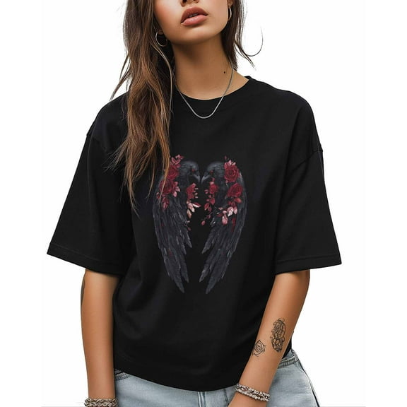 T Shirts for Women Short Sleeve Cotton Crewneck T-Shirt, Crow Rose Bird Cartoon Tee Tops Casual Basic T-Shirts, XS-5XL Black XS
