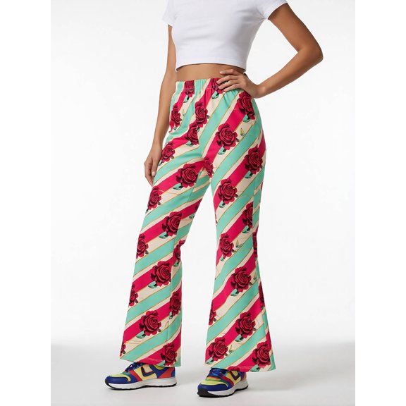 Girls Printed Flared Pants, Wide Leg Casual Trousers, Kids Bell Bottom Style Bottoms for Ages 4-13