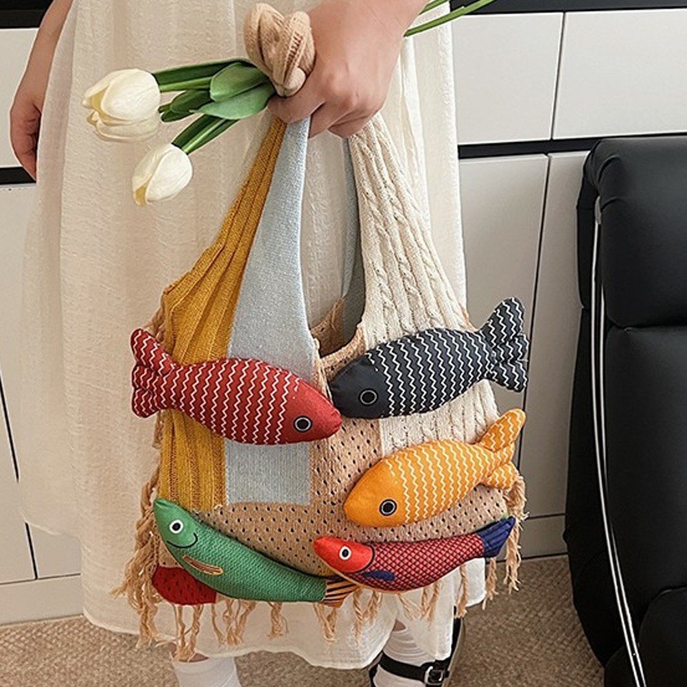 Jiibva Crochet Beach Shoulder Bag for Women Summer Tote handbags Shoulder Boho Bag with Handmade Fish for Summer Vacation