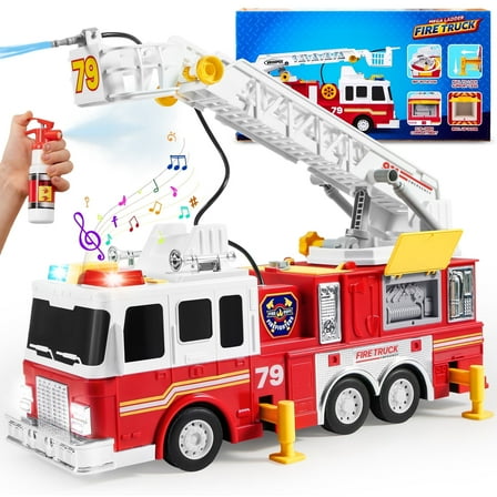 Joyfy Extra Large Fire Truck Toy for Kids, with 33-inch Extending Ladder Light & Sound/ Extendable Aerial Ladder/ Working Water Pump, Great Christmas Birthday Gift for Boy 3 4 5 6 7