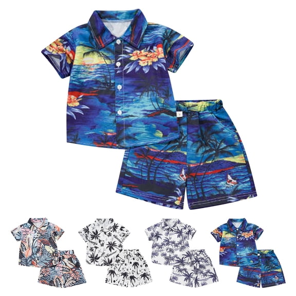 Trendfront Little Boys Seaside Clothing Collared Short Sleeve Tropical Graphic Resort Shirt and Shorts Beach Playwear Outfit Suit