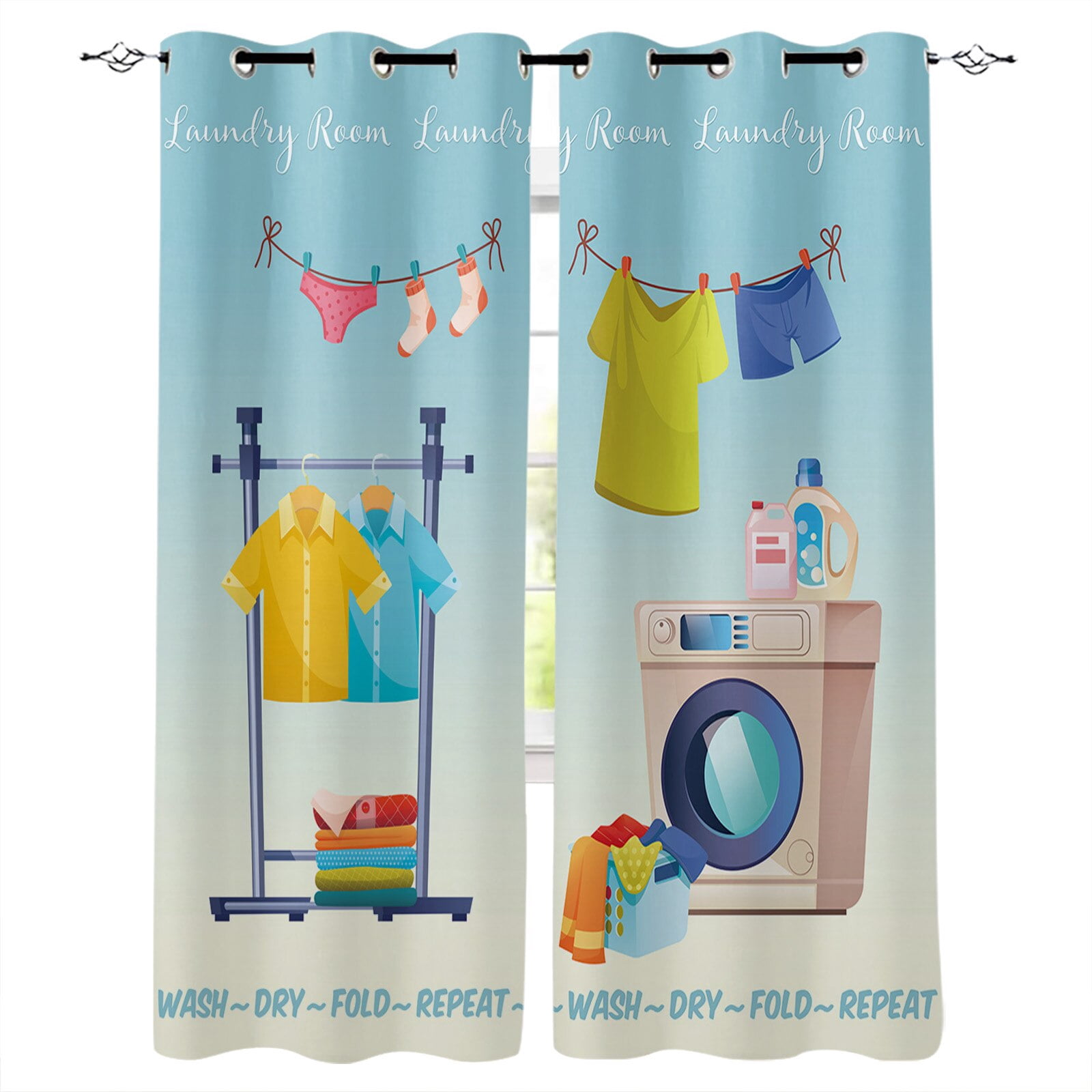 Laundry Room Washing Machine Clothes Drying Text Curtains Drapes For