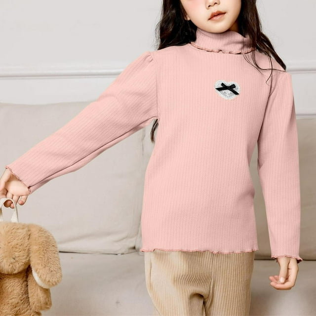 Cowsor Toddler Baby Ribbed Knit Cotton Solid Turtleneck Tops Ruffles Long Sleeve Mock Neck Shirts Soft Slim Fit Teen Girls Sweater