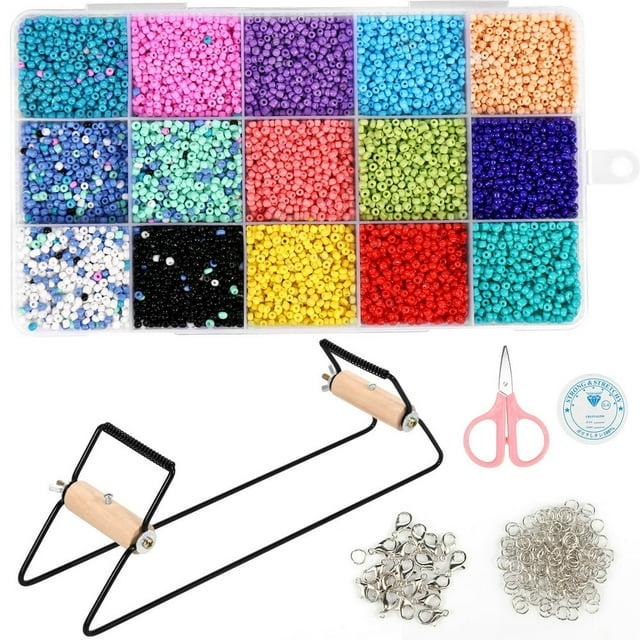 EASTIN Bead Loom Kit Complete Metal Bead Loom Tool Kit with 15 Colors Seed Beads Scissors Crystal Thread Stainless Steel Weaving Beading Set DIY Beading Loom Kits