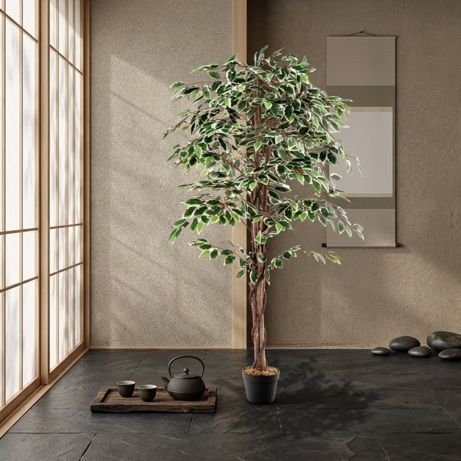 Vebreda Artificial Plant Decor, Artificial Ficus Tree Tall Faux Indoor Plant with 1008 Leaves Nursery Pot and Dried Moss, Multi-scene Application