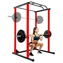 Red Adjustable Power Cage, 1200 LBS Capacity Multi-Functional Squat Rack with 14 Holes, Anti-Slip Base and Training Attachments for Home Fitness Training