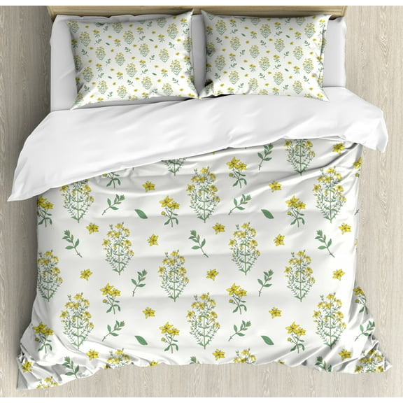 Botanical Duvet Cover Set Queen Size, Medical Remedy Concept Healing Wildflowers and Herbs Pattern, Decorative 3 Piece Bedding Set with 2 Pillow Shams, Reseda Green Yellow and White, by Ambesonne