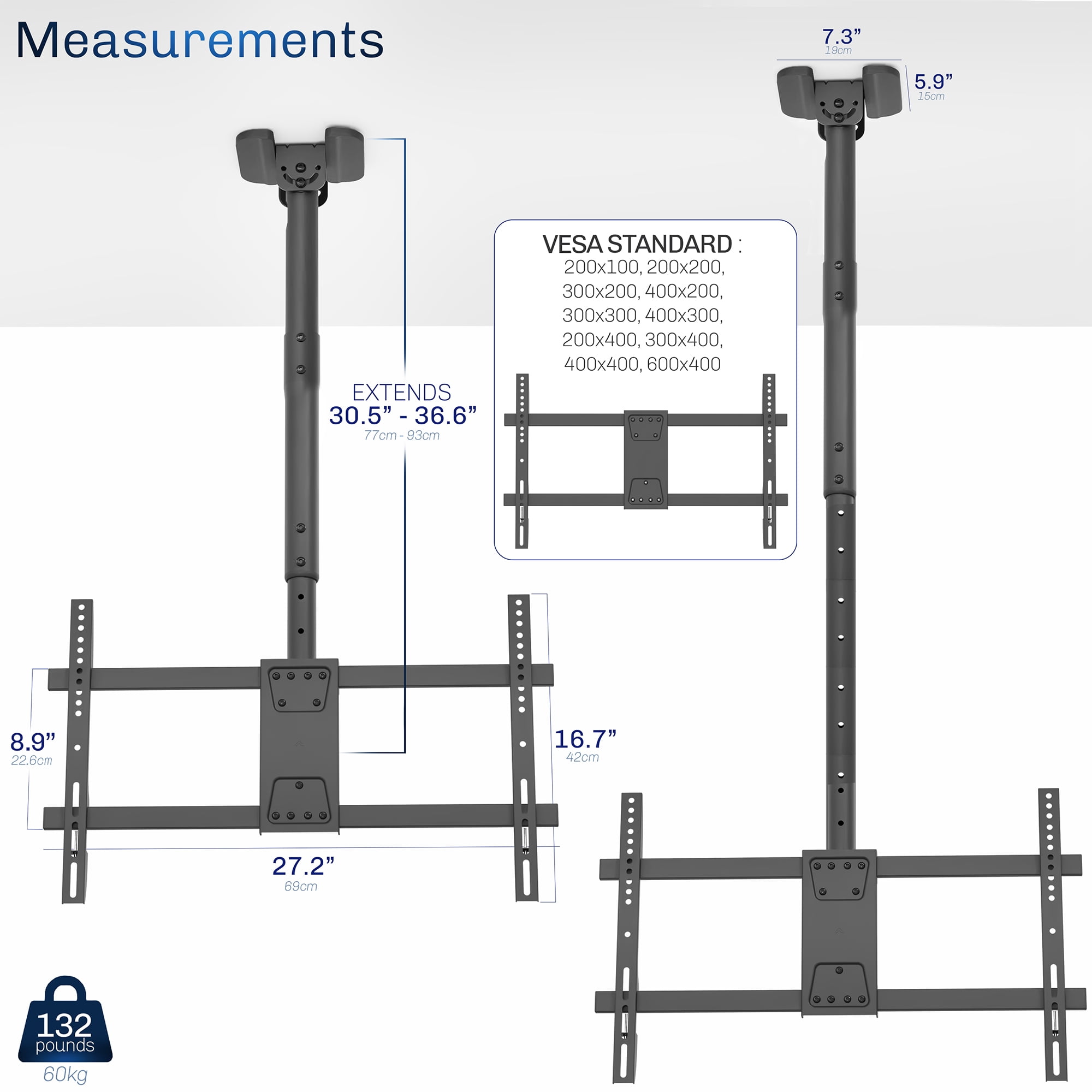 VIVO Extending Ceiling TV Mount for 43 to 86 inch Screens, 3ft Pole