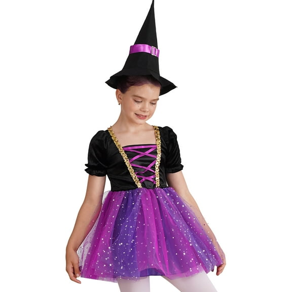 YEAHDOR Kids Girls Halloween Witch Costume Velvet Tutu Dress with Magic Hat Carnival Party Dress Up Purple&Rose Red 14