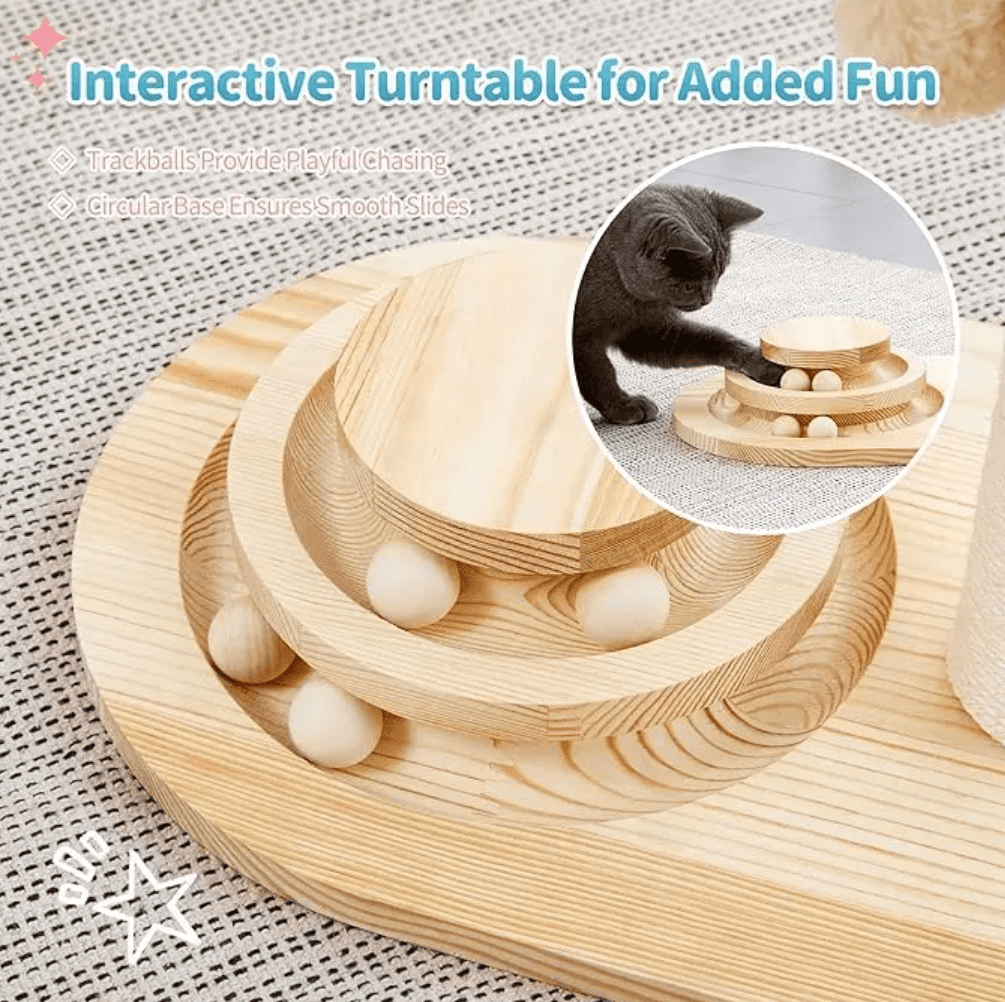 Cat Scratching Post, Mushroom Cat Scratcher with Sisal Ropes, Interactive Track Ball Toy, 2-in-1 Wood Scratch cattree