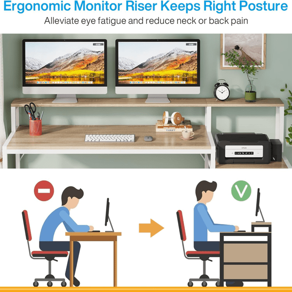Ergonomic Computer Desk with File Cabinet - 62.99"L Monitor Stand, 45W×19.68D Desktop, 2 Drawers, 2-Year Warranty - for Home Office & Gaming