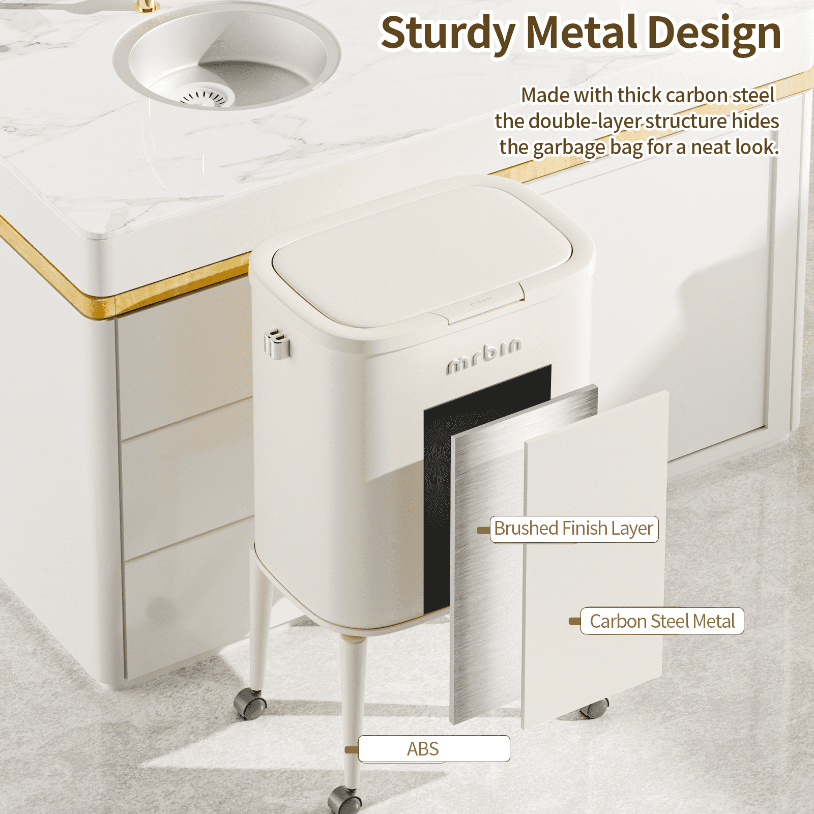 MRBIN Metal Kitchen Trash Can with Wheel Legs, 36L / 9.5gal Medium Press Lid Slim Waste Basket, Pet Proof Tall Narrow Garbage Pail for Vanity, Bedroom, Bathroom, Living Room, Sunflower