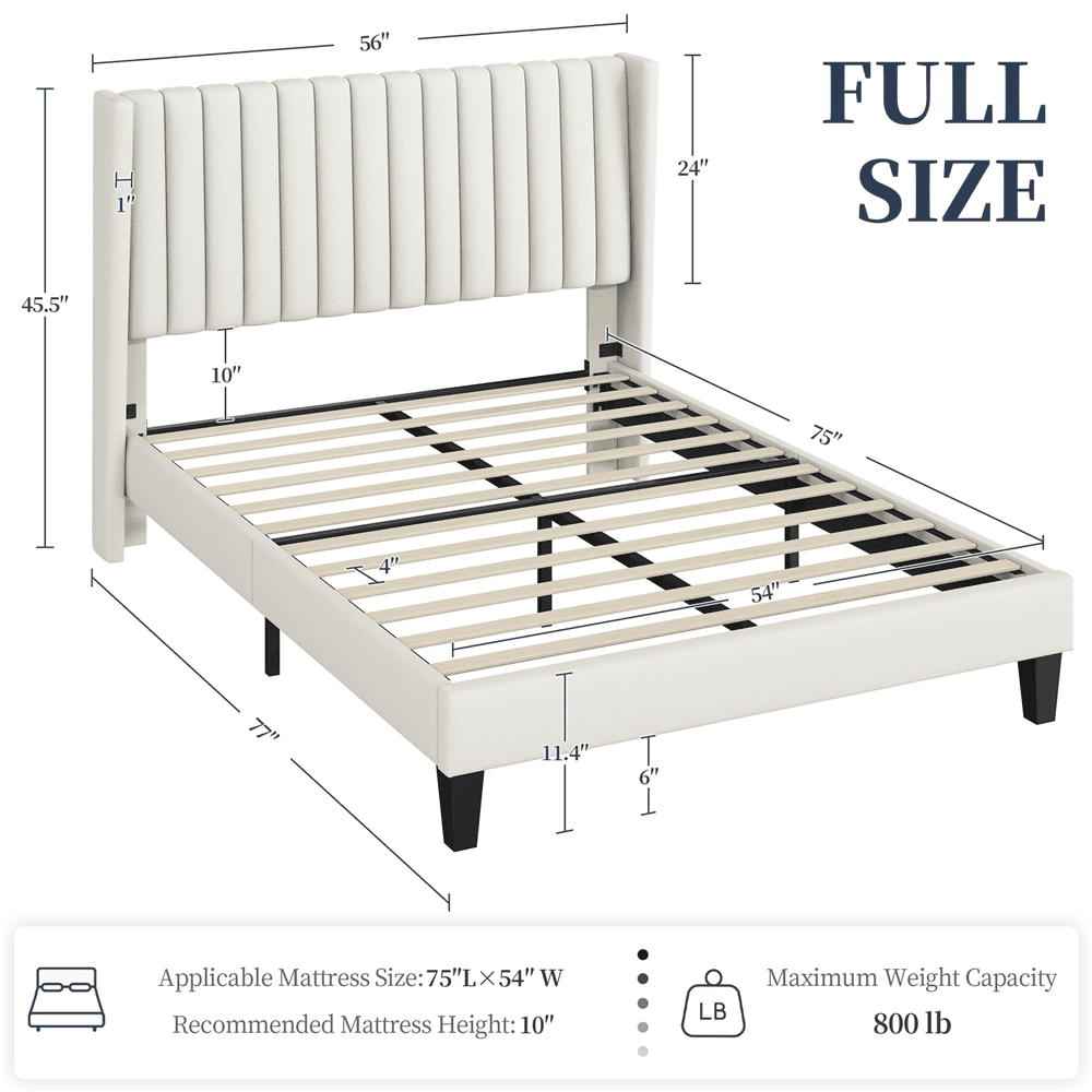 Renwick Upholstered Platform Full Bed Frame with Channel Headboard for Adult, Ivory