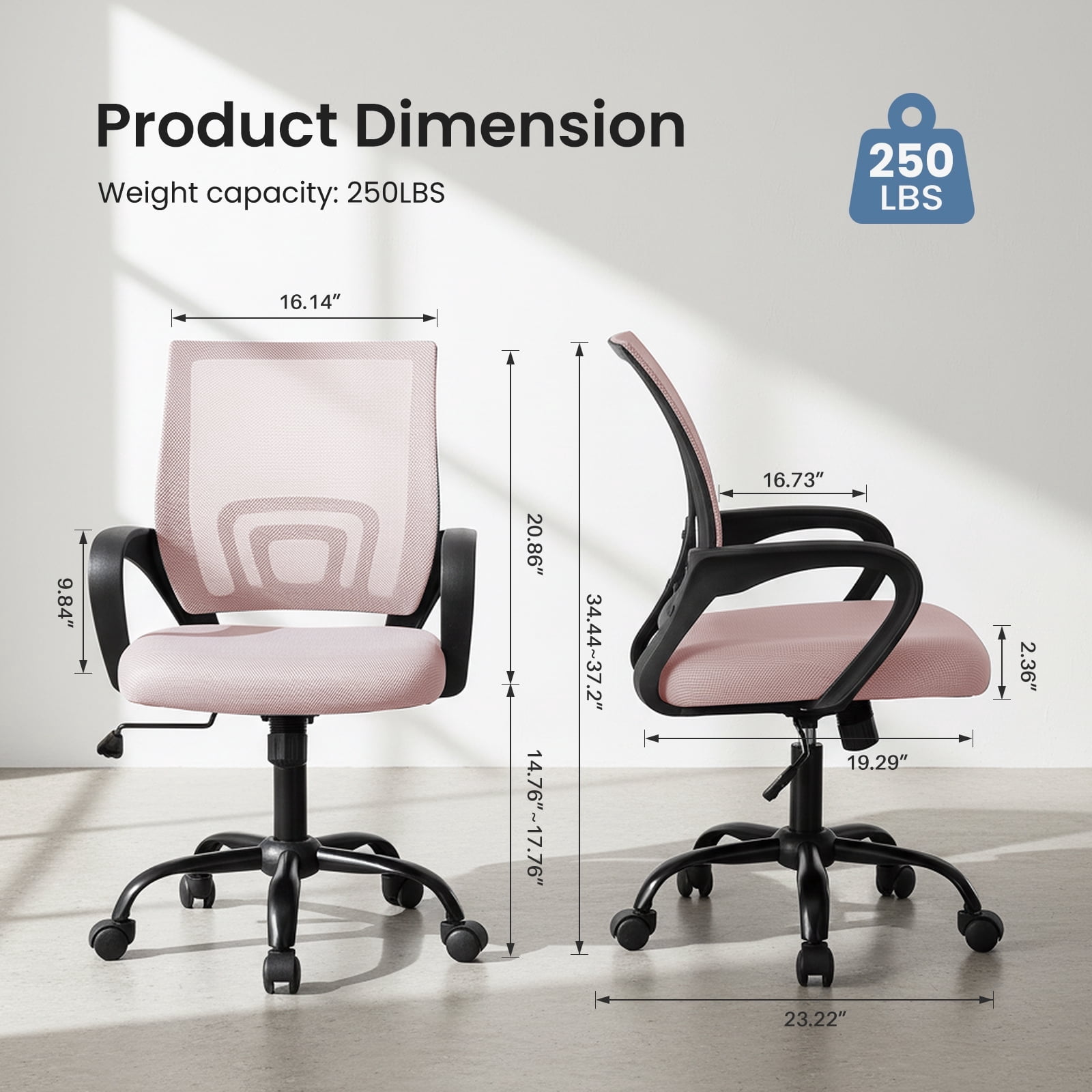 Sweetcrispy 250 lb Ergonomic Office Chair, Mesh Desk Chair with Lumbar Support & Adjustable Height, Rolling Computer Chair for Home Office, Pink