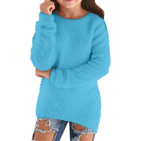 BFHHYA Kids Girls' Fuzzy Sweatshirt Crew Neck Warm Pullover Casual Solid Color Layering Top for Winter Indoor Lounging (5-15Y)