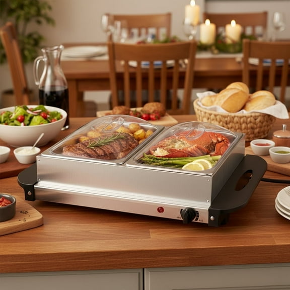 CONCETTA Electric Warming Tray with Adjustable Temperature Settings, Food Warmers , Two 2.5-Quart Oven Buffet Server & Chafing Dish for Parties, Holidays, Catering, Dishwasher Safe