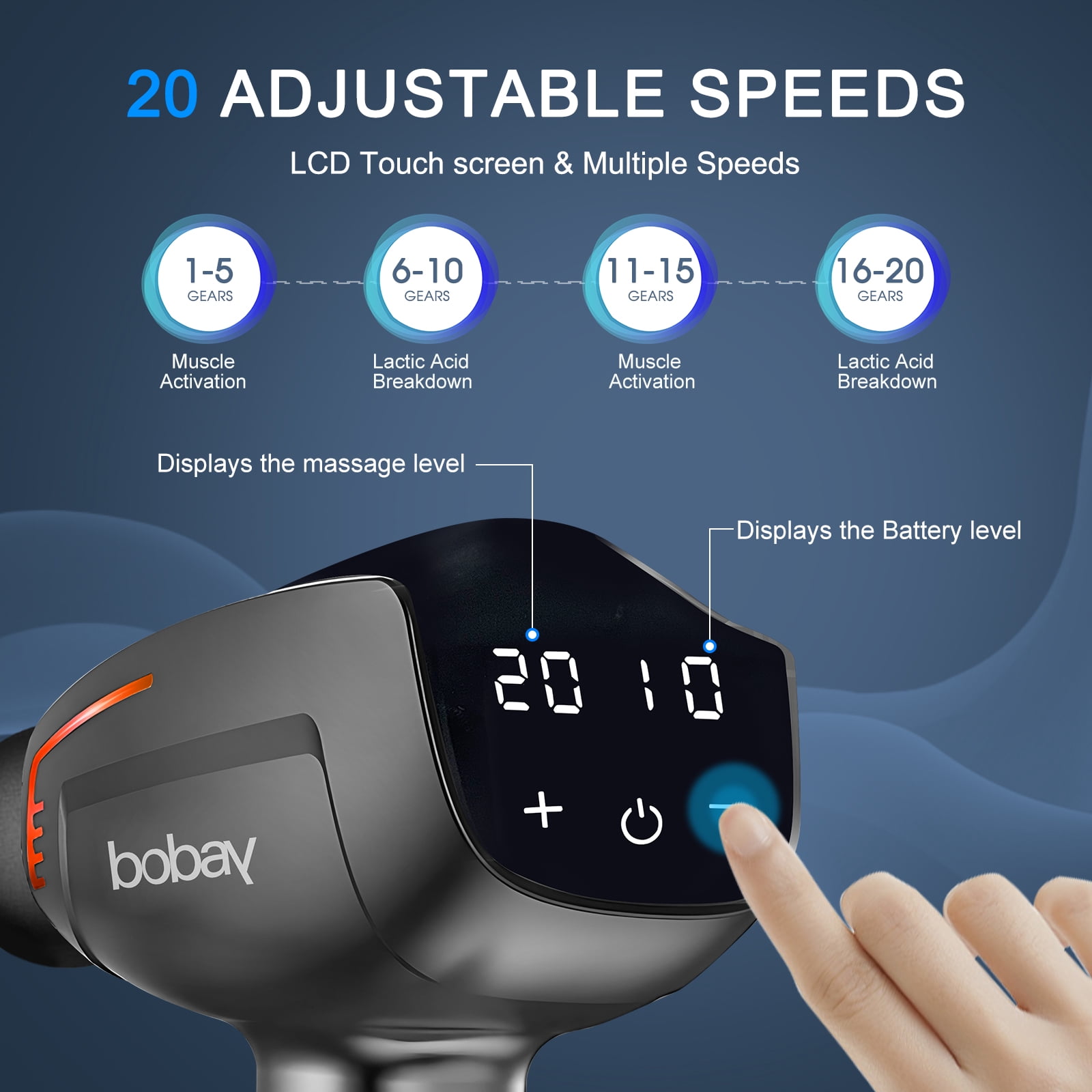 BoBay Portable Deep Tissue Massage Gun for Muscle and Back Massages Relaxation, Quiet Handheld 20-Speed Fascia Gun Percussion Massager with 6 Heads for Neck Back Shoulder Body, LCD Touch Screen