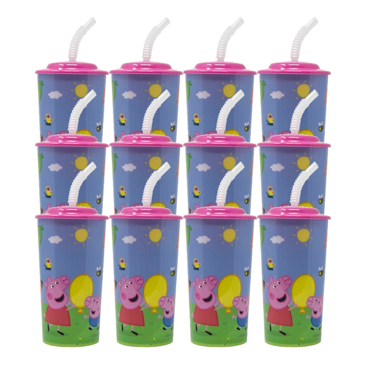 12PC PEPPA PIG 16OZ PP SPORT TUMBLER W//LID AND STRAW PARTY FAVOR SUPPLIES