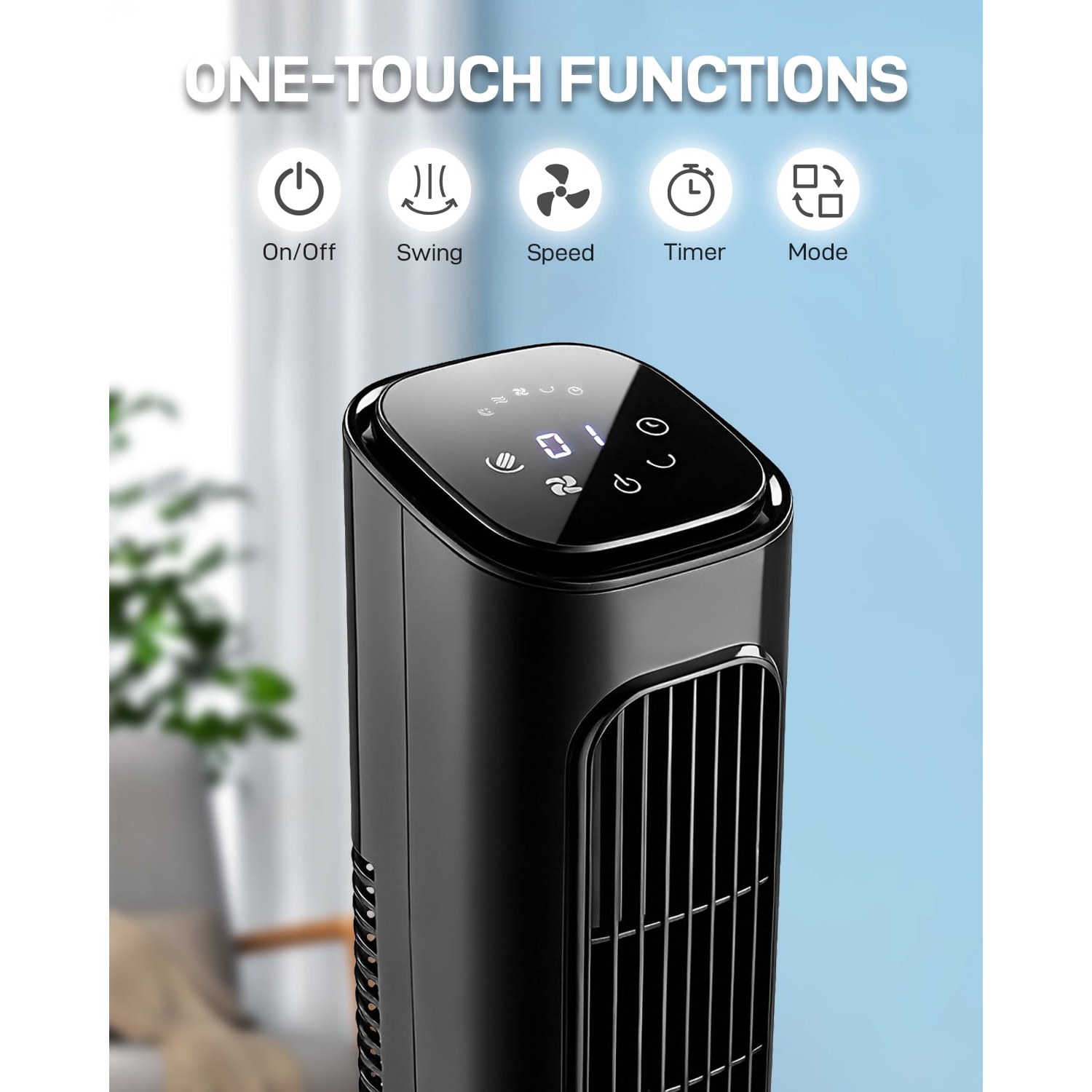 US Standard 36 Inch Tower Fan, 110V 45W, Black Plastic Body with Copper Motor, Touch & Remote Control, 3 Speeds, 3 Modes, Oscillating, 9H Timer, Household Fan