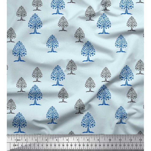 Soimoi Polyester Crepe Fabric Tree Block Print Fabric by The Yard 42 Inch Wide