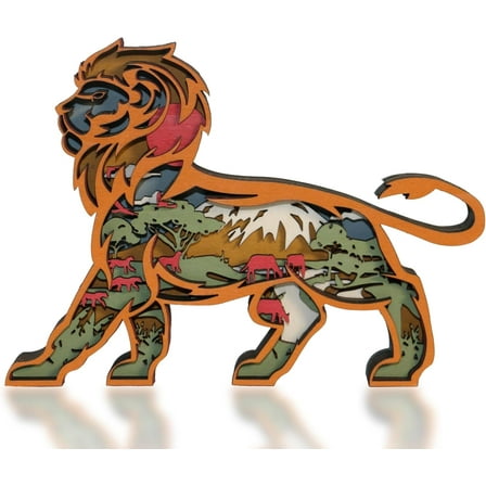 3D Wooden Animals Carving, Lion Decor, Multi-Layered African Savanna Wood Statues, Rustic Figurines, Wall Hanging Sculpture, Silhouette Ornament Art for Living Room Bedroom Home Room for presents