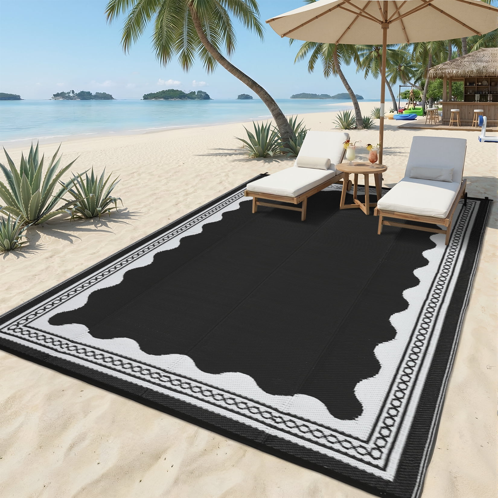 Garvee Outdoor Rug 8x10ft Modern Bordered Reversible Plastic Straw Rug, Waterproof RV Camping Rug Foldable Patio Rug for Deck Porch Balcony Backyard Picnic Beach, Black/White