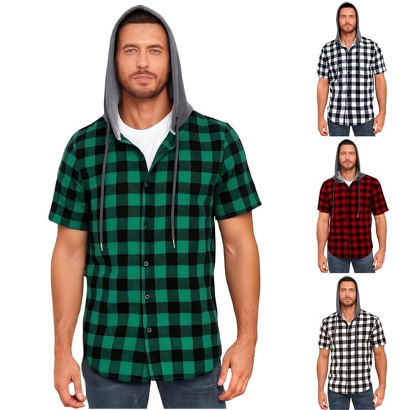 WIZUTIZ Short Sleeve Hoodies for Men Plaid Hooded Shirts Causal Button Down Hoody Tops Lightweight Comfort Summer Clothes