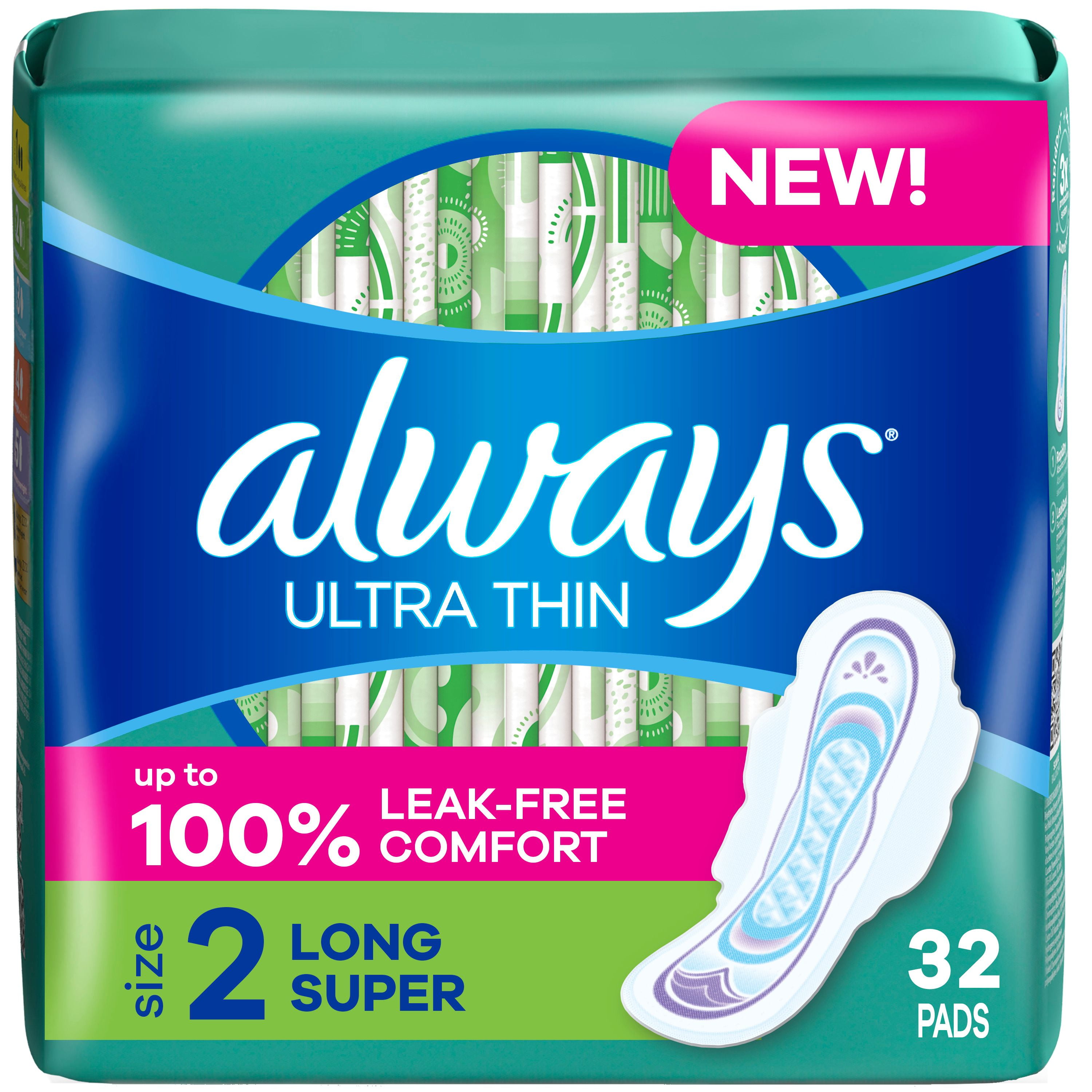 Always Ultra Thin Feminine Pads with Wings for Women, Size 2, Long Super Absorbency, Unscented, 32 Count