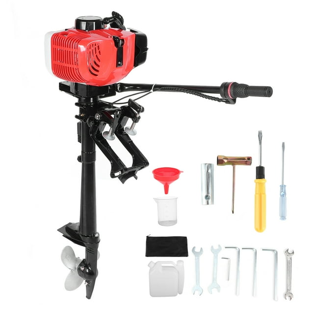 Boat Engine, Outboard Engine Motor 4000-5000r / Min 2 Stroke 3.6HP Manual Start with H Air Cooling System for Freshwater and Salt Water. The image shows a red and black outboard motor with a manual start handle, a propeller at the base, and an air cooling system. Included accessories are a funnel, measuring cup, storage bag, wrenches, screwdrivers, and a fuel container. Suitable for inflatable boats, fishing boats, and yachts.
