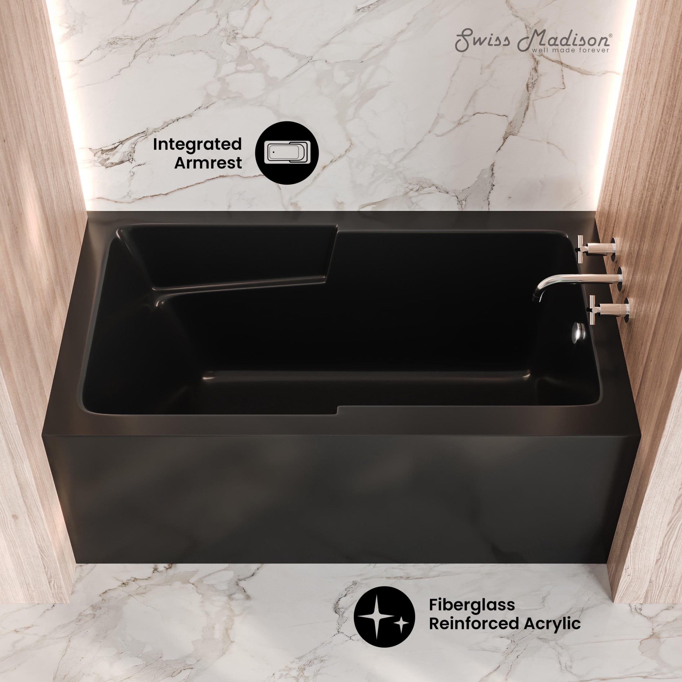 Voltaire 54 x 30 Skirted Right Drain Soaking Apron Bathtub in Glossy Black with Integrated Armrest