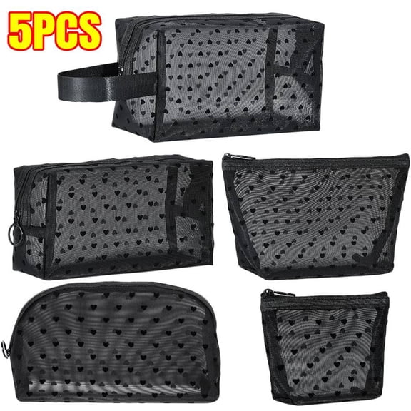 5 Pieces Heart Printed Mesh Makeup Bag Set, Portable Travel Mesh Cosmetic Bags Toiletry Bags Makeup Purse Bags with Zipper