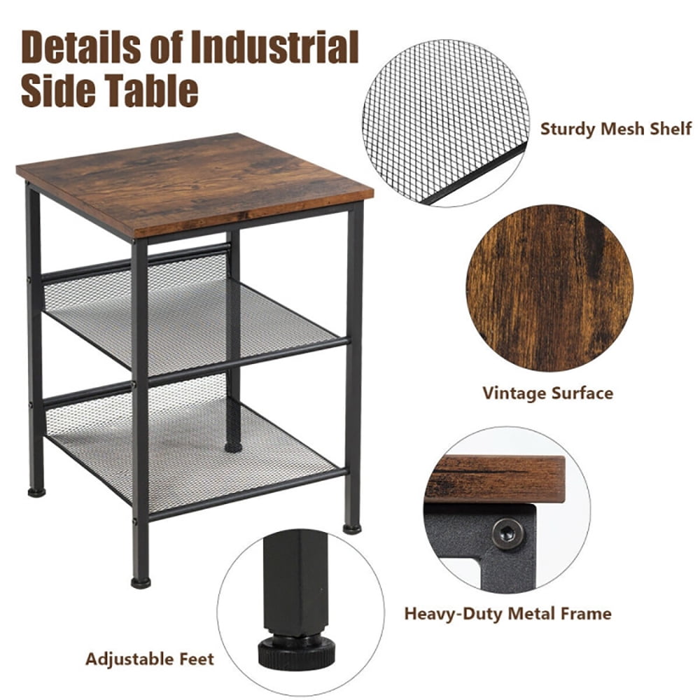 Finihen End Table, 3-Tier Industrial End Table with Mesh Shelves and Adjustable Shelves, Sofa Side Table, Bed Side Table, for Living Room, Bedroom, Brown Finihen End Table, 3-Tier Industrial End Table with Mesh Shelves and Adjustable Shelves, Sofa Side Table, Bed Side Table, for Living Room, Bedroom, Brown