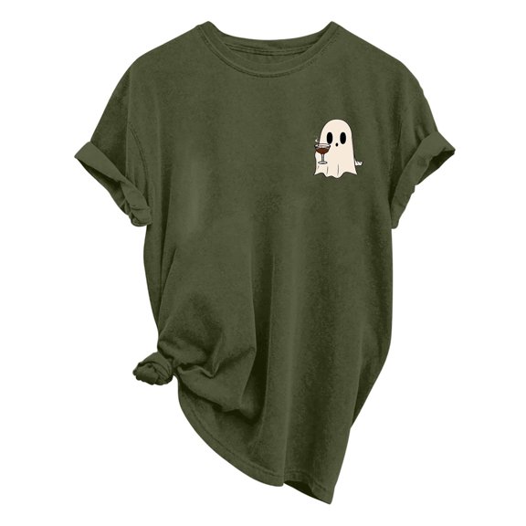 LYEAA Halloween Short Sleeve Tops for Women Plus Size Crew Neck Regular Straight Cuff Casual Wear Ghost Holiday Clothes Green XL